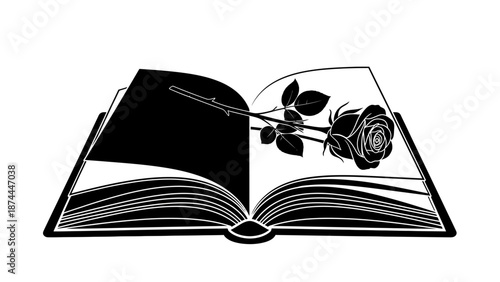 Open Book with Rose and Pen Black and White Illustration.