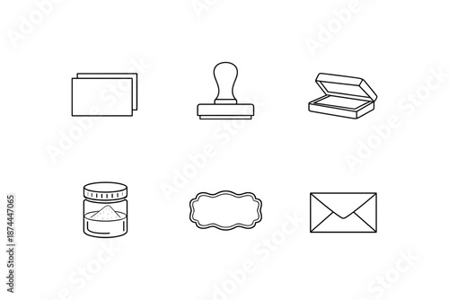 Minimalist office supplies icons: envelope, stamp, box, paper, label, jar