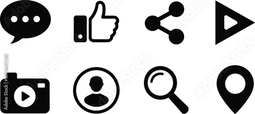 Collection of Eight Black Social Media and Communication Icons on White Background chat speech bubble