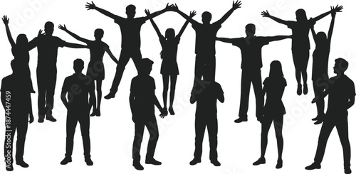 Diverse group of people silhouettes with arms raised and spread wide Keywords: group, people, silhouette, diversity, celebration