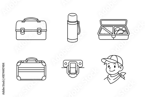 Minimalist line art: lunchbox essentials and smiling child