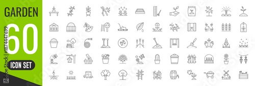 Garden thin line icons set. Gardening, plant, tree, flower, grass, fence icon. Vector