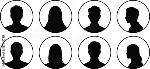 Eight Circular Silhouettes of Diverse People Profiles on White Background illustration