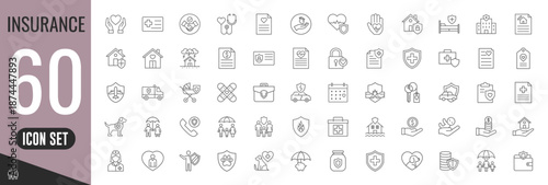Insurance thin line icons set. Insurance symbols collection. Life, car, house, care, money, pet insurance. Vector illustration