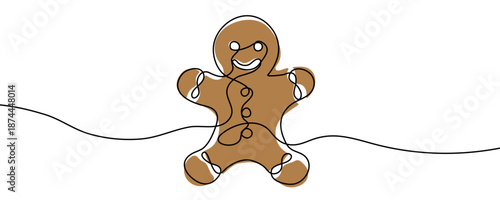 Gingerbread man in one line art style. Drawing of a brown gingerbread man with red and green buttons, with black editable stroke on a white background. Vector illustration.