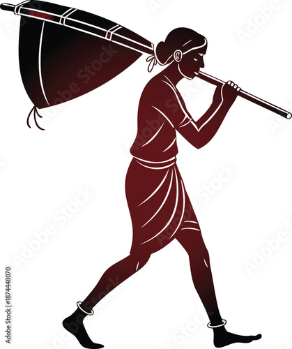 Elegant vector illustration of a traditional individual walking, carrying a cultural pole and bundle, symbolizing ancient traditions and enduring travel with a clean, graphic aesthetic