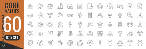 Core Values thin line icons set. Core Values, Trust, Integrity, Innovation, Growth, Goal, Teamwork, Customers, Inclusion, Motivation, Vision icon. Vector illustration