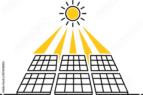 Solar panels arranged in a grid pattern absorbing sunlight with rays emanating from the sun above