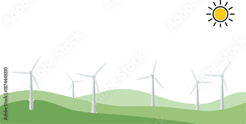 Wind turbines standing on rolling green hills under a sunny sky