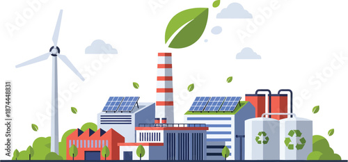 Sustainable industrial landscape with renewable energy sources and eco-friendly practices in a modern factory setting viewed from a distance.
