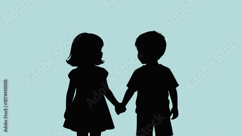 Silhouette of a Young Boy and Girl Holding Hands on a Light Blue Background