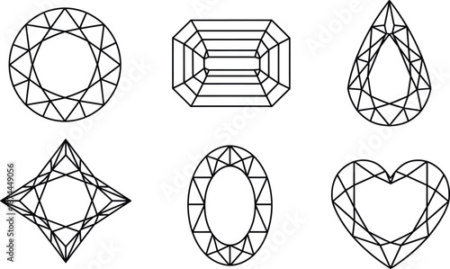 Outline illustration set of 6 gem shapes round brilliant emerald cut pear princess oval and heart cut