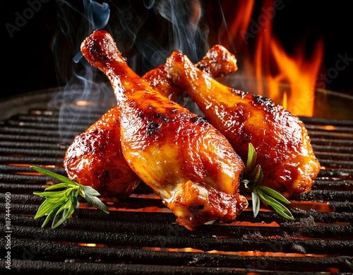 seasoned juicy chicken drumsticks grilled on barbecue with fire and smoke background 