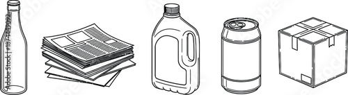 Outline illustration set of 6 recycling materials glass bottle paper stack plastic jug metal can and cardboard