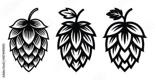 Hop cones, Hops flower silhouette, Beer hops flower icon, designed for use as logos, labels, or decorative elements related to breweries or pubs