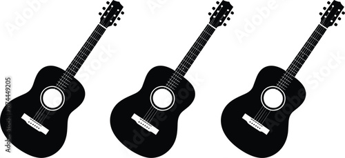 Three Black Silhouettes of Acoustic Guitars Arranged Diagonally on White Background musical instrument