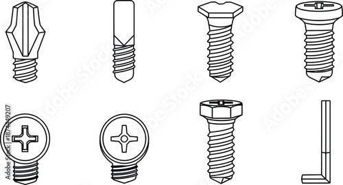 Outline illustration set of 6 screw head types phillips flathead hex torx robertson and allen drive