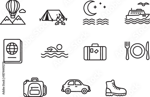Collection of travel and leisure activity icons isolated on transparent background
