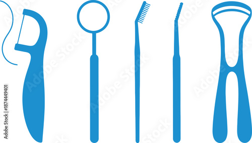 Set of 5 dental hygiene tools flat design dental floss pick mouth mirror interdental brush and tongue scraper