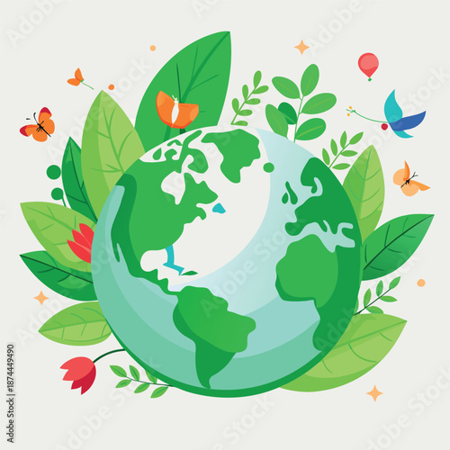 A green Earth surrounded by leaves, flowers, birds, and butterflies, symbolizing nature, sustainability, and environmental protection