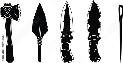 Silhouette vector set of 5 prehistoric tools stone axe spear head flint knife and bone needle