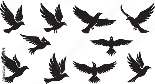 Flock of flying birds silhouettes isolated on transparent background