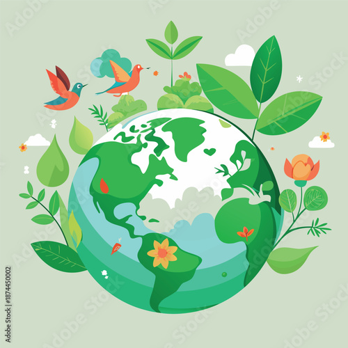 A green Earth surrounded by leaves, flowers, birds, and butterflies, symbolizing nature, sustainability, and environmental protection