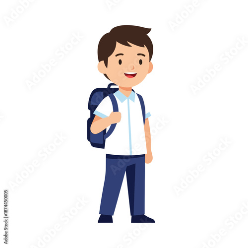 Cheerful animated school boy character with a backpack, ready for a new day of learning. This young student illustration perfectly embodies educational spirit and youthful enthusiasm