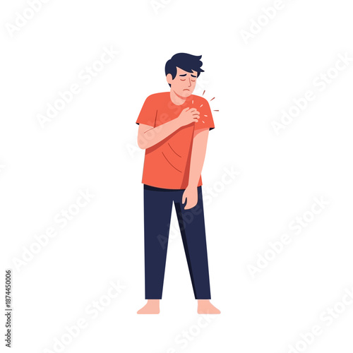 Vibrant vector illustration of a young man experiencing discomfort and pain from a prominent red skin rash on his shoulder, symbolizing an allergic reaction, irritation, or dermatological issue