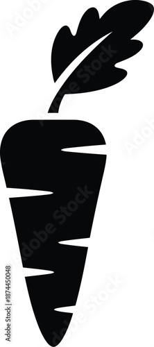 Solid black icon of fresh carrot root vegetable with green leafy top for eating and healthy food concept