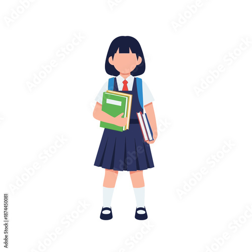 A cute cartoon schoolgirl in uniform holding books, ready for education and learning with a backpack on
