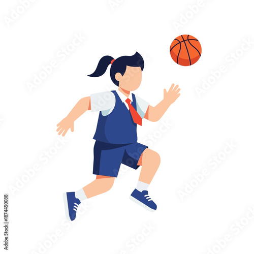 Illustration of a young girl in a school uniform playing basketball, dribbling the ball during a game