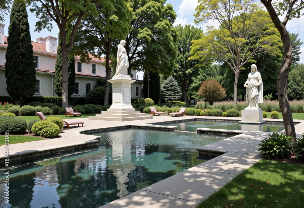 Obraz premium Tranquil Courtyard with Reflective Pool and Marble Statues Surrounded by Lush Greenery in a Serene Outdoor Setting