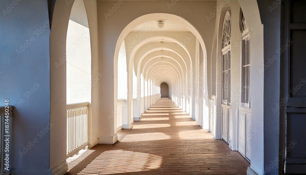 Obraz premium White arched doorways line a sunlit corridor, forming a repeating tunnel of light and shadow
