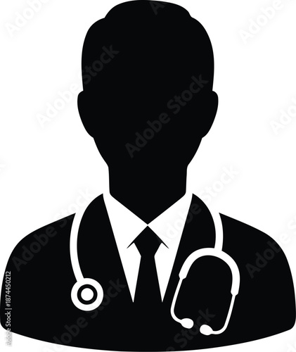 Silhouette of male medical doctor wearing suit and stethoscope around neck portrait icon for professional consultation services