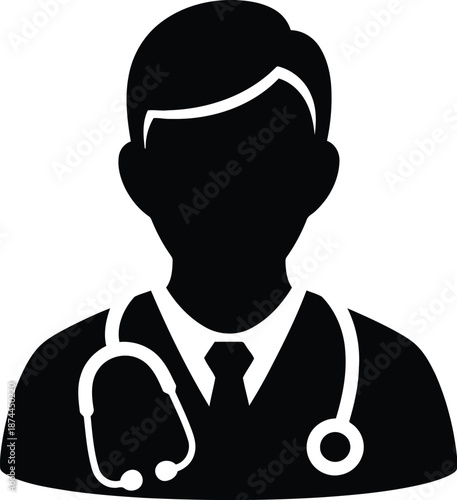 Simple black silhouette icon depicting male medical practitioner with stethoscope and formal attire on white canvas