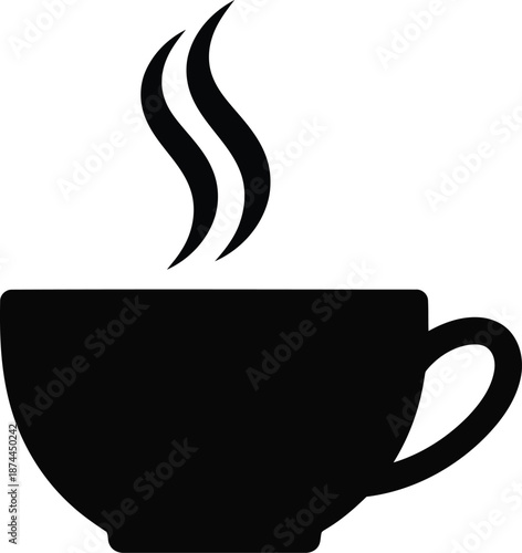 Black silhouette icon of steaming hot beverage in ceramic cup with handle representing coffee or tea break time