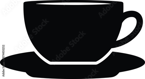 Black silhouette icon of coffee or tea cup resting upon a matching saucer symbolizing hot beverage service or cafe break time