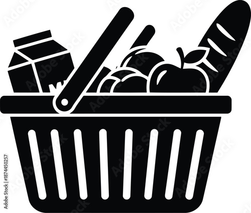 Simple black icon representing grocery shopping basket filled with fresh food items like bread milk and produce for commerce