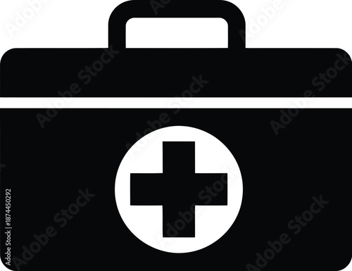 Solid black first aid kit box featuring clear white medical cross symbol indicating emergency healthcare supplies and safety tools