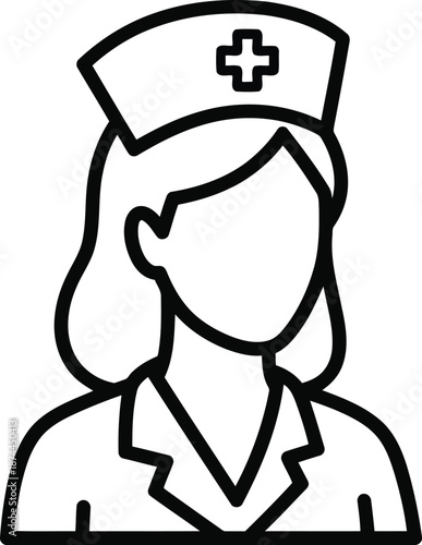 Outline drawing of female nurse wearing cap with cross symbol representing medical career and healthcare profession