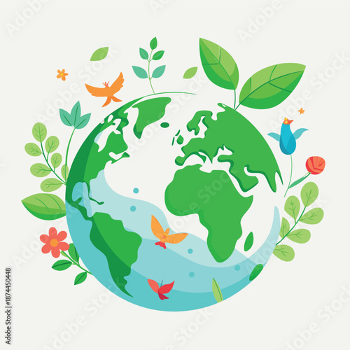 A green Earth surrounded by leaves, flowers, birds, and butterflies, symbolizing nature, sustainability, and environmental protection