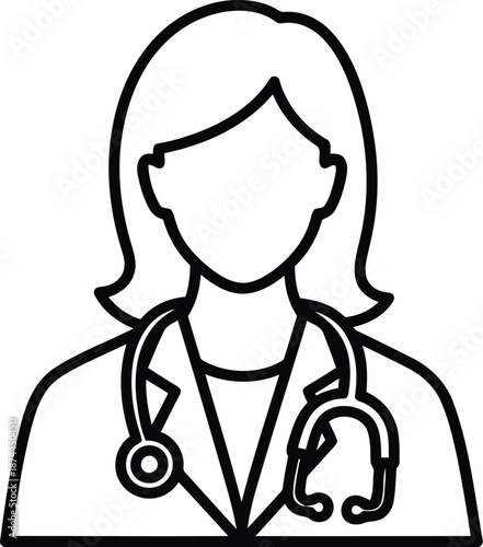 Simple outline portrait of female doctor wearing lab coat and stethoscope representing medical specialist and physician career