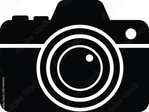 Simple black icon of modern digital camera body with large lens for photography and image capture activity