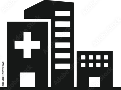 Modern hospital complex silhouette featuring medical building with cross symbol and office towers for healthcare services
