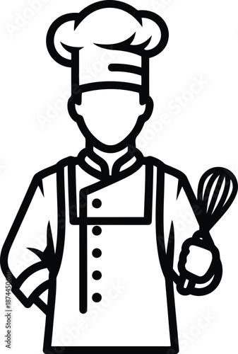 Professional chef icon wearing toque and apron holding kitchen whisk representing cooking profession and culinary arts skill