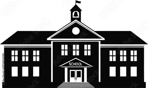 Classic school building facade with entrance steps and bell tower representing education institution structure