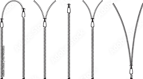 Set of silver metal zippers isolated on transparent background