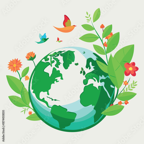A green Earth surrounded by leaves, flowers, birds, and butterflies, symbolizing nature, sustainability, and environmental protection