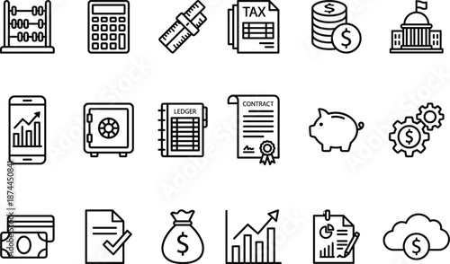 Vector illustration of finance and accounting icon collection with calculator, piggy bank, chart, contract, money, tax, and economic symbol design